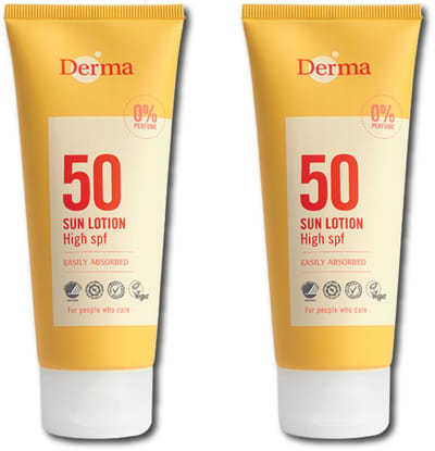 Derma Sun - Zonnebrand SPF50 2 x 100 ml - Hoge UVA en UVB Bescherming - Waterbestendige - Parfumvrij - AllergyCertified - met Aloe Vera, Glycerine en Vitamine E