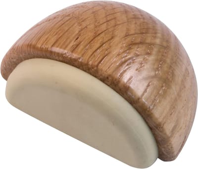 - Halfcirkelvormige decoratieve vloerstopper van hout met eiken afwerking en beige rubber - diameter 45 x 25 mm - beschermt muren en meubels tegen stoten.