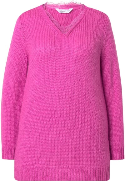 MIAMODA - Dames - Trui classic fit grof breisel hals met kant - Fuchsiaroze - Maat 50+