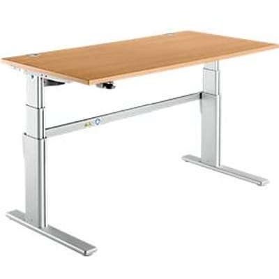 Comfortabele tafel, elektrisch in hoogte verstelbaar, rechthoekig, C-poot, B 1600 x D 800 x H 655-1305 mm, beuken/blank aluminium RAL 9006