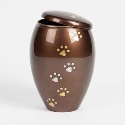 Honden Urn Groot 2 liter Bruin met Goud- en Zilverkleurige Pootafdrukken - Dieren Urn voor As Crematie - Urn Hond - Urn Kat