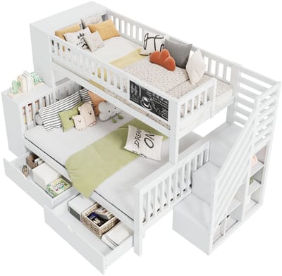 Kinderbed - stapelbed - met graffiti bord - met trap en opbergkast - met lade - 140x200 cm & 90x200 cm - wit - zonder matras