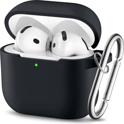 Bescherm je Airpods 4 (geschikt voor) met een siliconen hoesje / case met handig klik en ophang systeem aan broekriem - Zwart