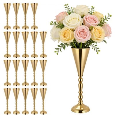 VEVOR 20 stuks trouwvazen, bloemvazen ​​voor bruiloften, 43 cm hoog, metalen bloemvazen ​​met standaard, trompetvaas tafeldecoratie voor bruiloften, feesten, jubilea en ceremonies, goudkleurig