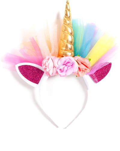 KIMU® Eenhoorn Haarband Goud Regenboog Tule - Unicorn Diadeem Oortjes Bloemen - Gouden Hoorn Bloemetjes Roze Paars Festival