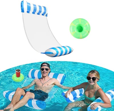 Dailygoods - Luchtmatras voor Volwassenen en Kinderen, Waterhangmat met Net, Duurzaam Waterhangmat met Opblaasbare Bekerhouder, 4-in-1 Luchtmatras met Net, voor Zwembaden Stranden (Blauw)