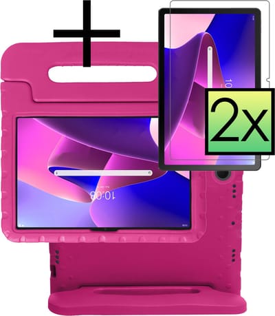 Hoes - Geschikt voor Lenovo Tab M10 Plus (3e / 3rd Generatie) - Met 2x Screenprotector - Kinderhoes Shockproof Bumper - Kidsproof Case - Tablet Hoesje - Kinder Cover - Roze
