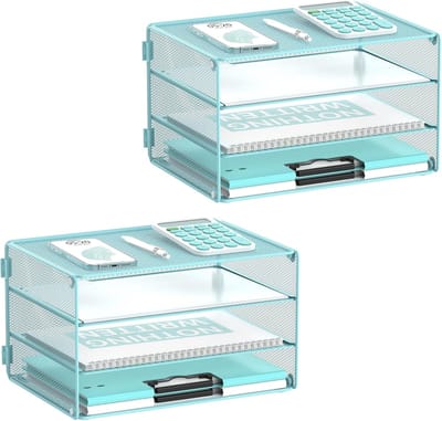 Bureau Organizer - Opbergbakjes Stapelbaar - Thuis en kantoor - Draadgaas Design - 33x23x19 cm - Lichtblauw
