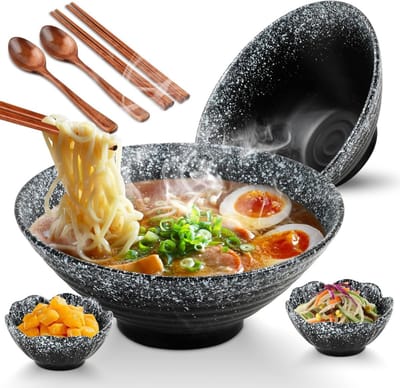 Set van 2 keramische ramenkommen van 1000 ml met eetstokjes, lepel en dipschaaltjes - Perfect voor ramen, salades en ontbijtgranen, ideaal als cadeau voor een nieuw huis