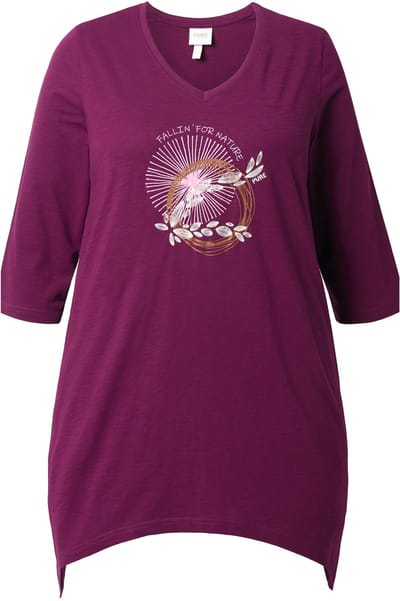 Ulla Popken - Dames - Shirt borduursel V-hals 3/4-mouwen biologisch katoen - Bosbes - Maat 50+
