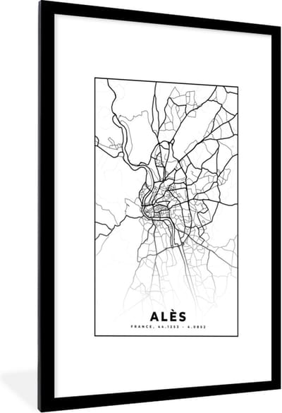 Fotolijst incl. Poster Zwart Wit- Alès - Kaart – Plattegrond – Frankrijk – Stadskaart - Zwart wit - 60x90 cm - Posterlijst