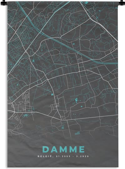 Wandkleed - Wanddoek - Kaart – Plattegrond – Stadskaart – Damme – België - Grijs - 120x180 cm - Wandtapijt