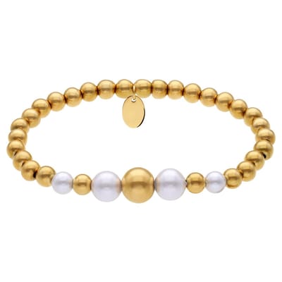 Lucardi - Dames Stalen goldplated kralenarmband met parel voor dames - Armband - Staal - Goudkleurig - 16 cm