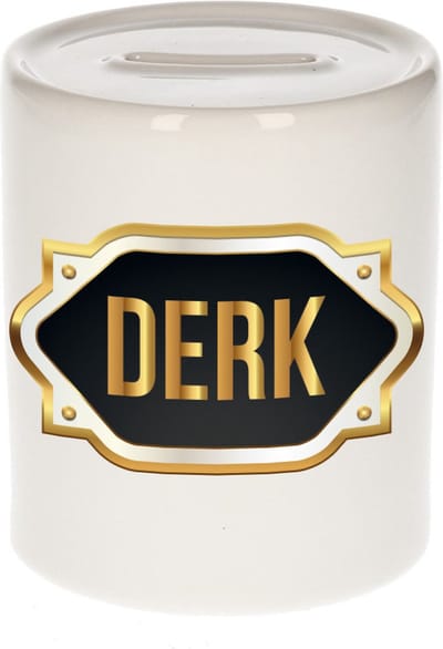 Spaarpot met voornaam Derk - wit - met goud/zwart embleem - 8 x 9 cm - keramiek - met afsluitdop - cadeau verjaardag
