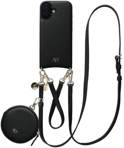 AVY Leren Hoesje geschikt voor Apple iPhone 17 | Met Koord en Mini Telefoontasje | Compatibel met MagSafe | Leather Case met 30CM & 130CM Koord & Pouch | Leather Set | Zwart