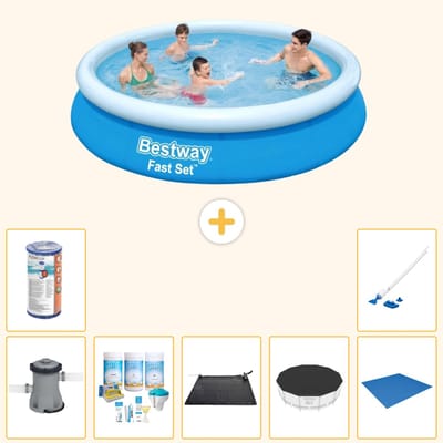 Bestway Rond Opblaasbaar Fast Set Zwembad - 366 x 76 cm - Blauw - Inclusief Pomp - Onderhoudspakket - Solar Mat - Afdekzeil - Grondzeil - Filter - Stofzuiger - 8-delig