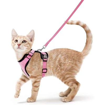 Kattenharnas en Lijn voor Wandelen, Ontsnappingsbestendig Zacht Verstelbaar Vest Harnesses voor Katten, Ademend Reflecterende Strepen Jas Decoratie S roze
