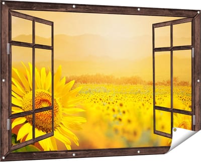 Gards Tuinposter Doorkijk Zonnebloemen Veld met Zonopkomst - 150x100 cm - Tuindoek - Tuindecoratie - Wanddecoratie buiten - Tuinschilderij