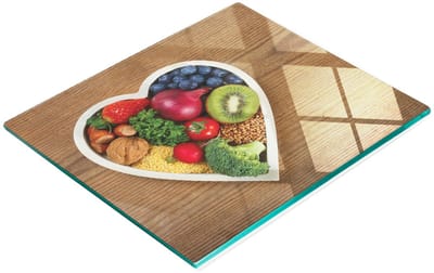 Multifunctionele decoratieve snijplank van gehard staal voor in de keuken, hartvormig met groentenmotief, 60x52 cm