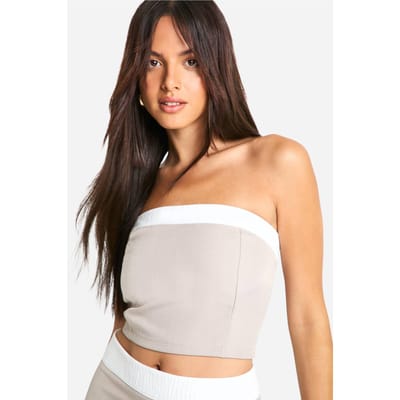 boohoo Dames Textuur Linnen Look Contrast Aansluitend Bandeau | Taupe | Maat: 12
