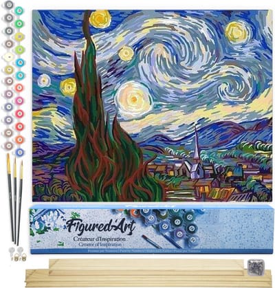 Figured'Art Schilderen op Nummer Volwassenen canvas Van Gogh Sterrennacht - Handwerk acrylverf Kit DIY Compleet - 40x50cm met DIY houten lijst