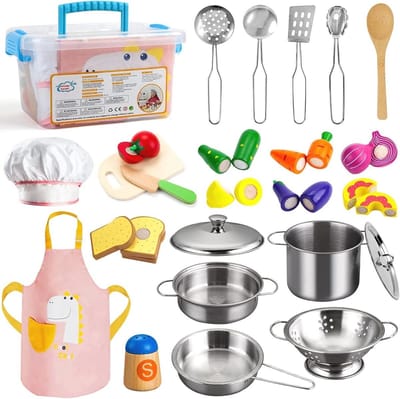 WNHB® Keukenset Kinderen - 24-delige Speelset met Houten Speelgoed en RVS Pannenset - Inclusief Schort en Koksmuts - Rollenspel Keuken