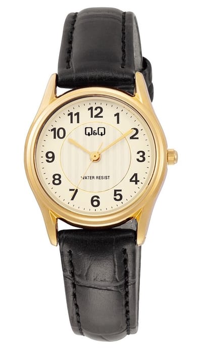 Q&Q C49A-002PY - Horloge - Polshorloge - Analoog - Dames - Vrouwen - Leren band - Rond - Metaal - Cijfers - Zwart - Goudkleurig