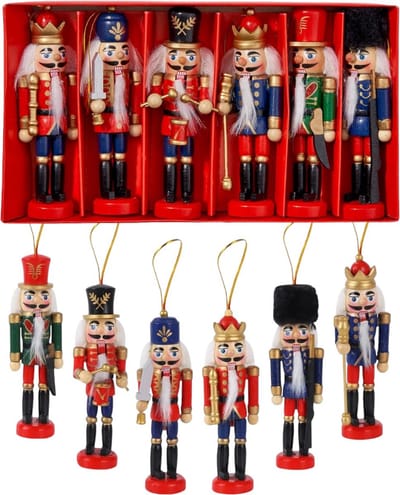 Ultiluxe® Hangende notenkrakers kerstboom - 6 stuks - Kleine traditionele houten soldaten - 13 cm - Mini notenkrakertjes figuren - Voor in de boom - Kerstmis decoratie - Kerst versiering - Kerstcadeau feestdagen - 6-delige set - Black friday