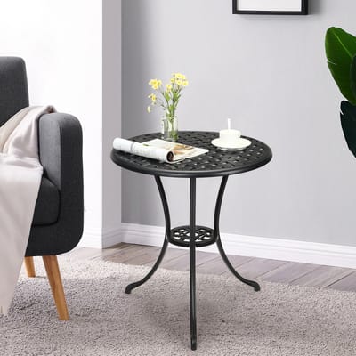Ronde buiten salontafel 60 cm, bijzettafel van gegoten aluminium, met parasolgat, roestbestendig, zwart