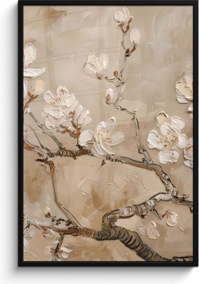 Poster in lijst - Fotolijst 80x120 cm - Posters - Bloemen - Modern - Beige - Wit - Bloesem - Posterlijst zwart - Decoratie - Wanddecoratie woonkamer - Muurdecoratie slaapkamer