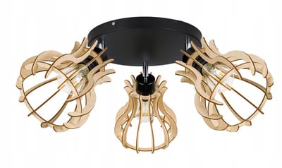 Loft Plafond Lamp met Hout, Verstelbaar, 3xE27, Zwart