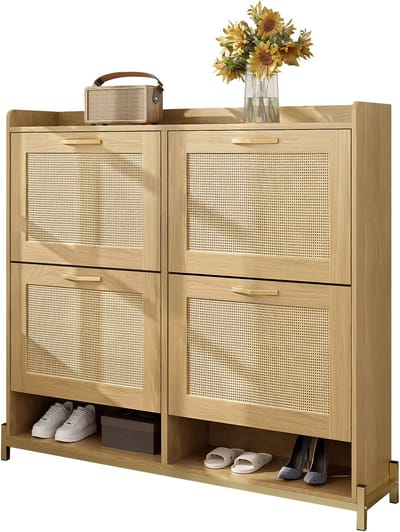 Clruro Schoenenkast - 4 Deuren met Rotanlook - Metalen Frame en Bovenplank - Hout - Naturel