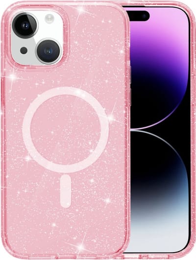 YPCd Glitter Hoesje met MagSafe voor Apple iPhone 15 – Shockproof TPU Backcover – Verhoogde Randen – Transparant Roze