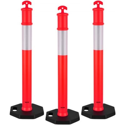 VEVOR Verkeersafbakeningspaal (114 cm) met verzwaarde voet en reflecterende strips, robuuste afbakeningspaal voor bouwplaatsen, parkeerterreinen en dranghekken, rood
