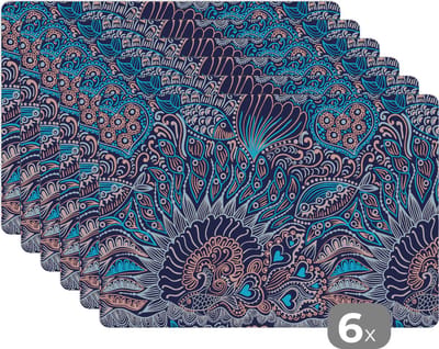Placemat - Placemats kunststof - Vis - Koraal - Onderwater - Abstract - Patroon - 45x30 cm - 6 stuks - Hittebestendig - Anti-Slip - Onderlegger - Afneembaar