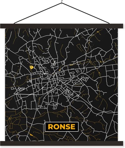 Posterhanger incl. Poster 60x60 cm - Schoolplaat - Goud - Ronse - Plattegrond - Stadskaart - Kaart - Textielposter - Zwarte latten - Stadskaart