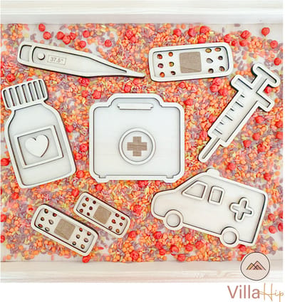 Villa Hip Ziek en gezond vulvormen set - 8 Stuks - Hout - Sensorisch speelgoed l Open einde l Speeltray - Dokterstas, Ambulance, Spuit, Pleisters, Thermometer, Zeef