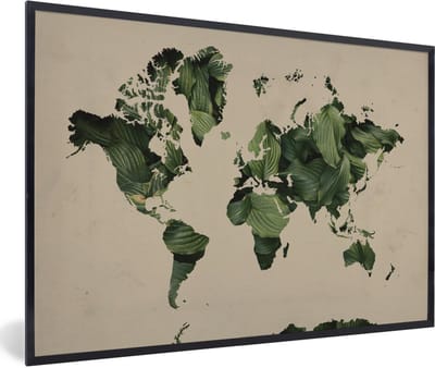 Poster in lijst - Fotolijst 90x60 cm - Posters - Wereldkaart - Bladeren - Groen - Posterlijst zwart - Decoratie - Wanddecoratie woonkamer - Muurdecoratie slaapkamer