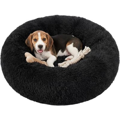 JOYFURNOS Ochama hondenmand, ronde donutvormige mand, bank, uitneembare en wasbare middenkussen, zachte pluche stof, diameter: 70 cm, zwart