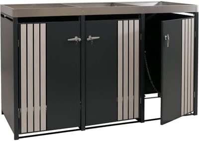 3-delige afvalcontainerbehuizing MCW-O67, afvalcontainerbox met plantenbak, metaal 125x196x84cm 75kg ~ antraciet houtlook licht