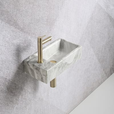 Fonteinset Mia 40.5x20x10.5cm marmerlook wit grijs links inclusief fontein kraan, sifon en afvoerplug mat goud