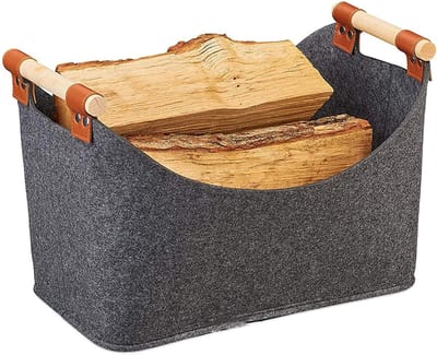 Houtmand Opvouwbaar - Draagtas Opslag - Haardhout Opslag - Stevig Kunstleer Vilt - 27x40x22cm - Zwart