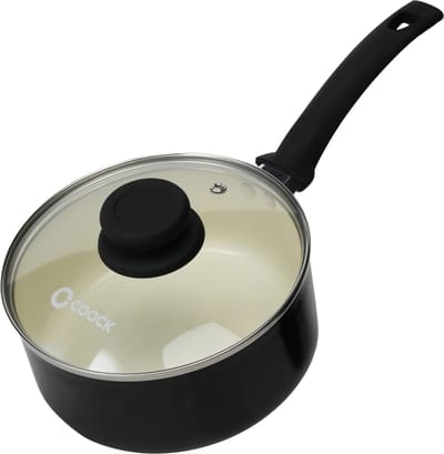 COOCK Steelpan met deksel Inductie - 2500ml - Speciale Anti-Aanbak Coating - Sauspan met Ergonomische Koudgrepen - Gerecycled Aluminium - Zwart/Wit - Inclusief E-book
