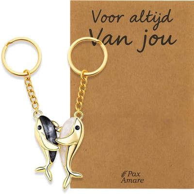 Koppel Sleutelhanger voor 2 'Voor altijd van jou' - Walvissen - Sleutelhanger set op Cadeau Kaartje - Goudkleurig - Persoonlijke Hanger - Pax Amare