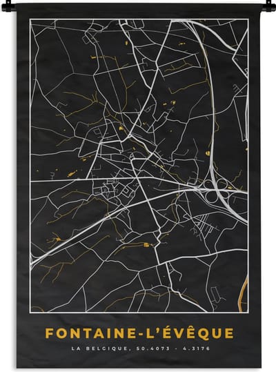 Wandkleed - Wanddoek - Fontaine-L'Évêque - Plattegrond - Goud - Kaart - Stadskaart - 120x180 cm - Wandtapijt