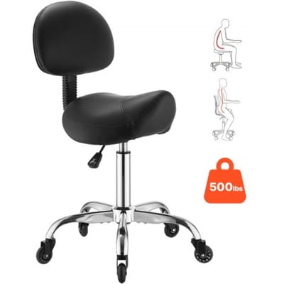 VEVOR Zadelkruk 226,8 kg, in hoogte verstelbare rolkruk, bureaukruk met rugleuning, stille wielen, ergonomische zitting van PU-leer, 360° draaibaar, ideaal voor salon, spa, bar, dokterspraktijk, zwart