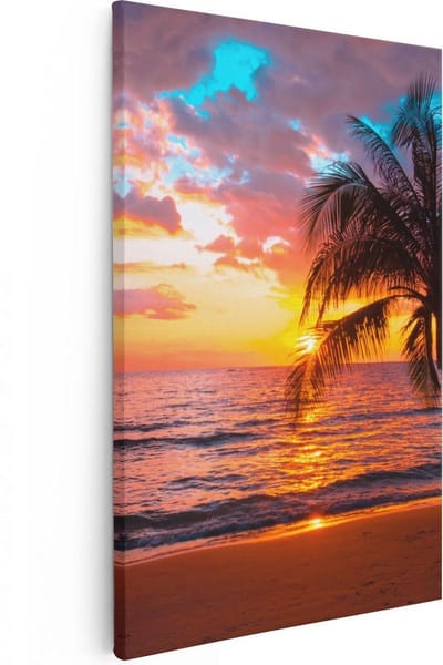 Artaza Canvas Schilderij Palmboom Zee - 20x30 cm - Klein - Wanddecoratie Zonsondergang - Muurdecoratie Strand - Kamer Accessoires