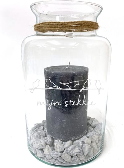 Windlicht/Vaas met tekst gravure: MIJN STEKKIE met vogels op kabel. Zonder kaars en stenen. Cadeau-nieuw huis-samenwonen. Het formaat is 30cm, 16cm doorsnede.