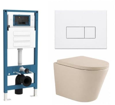 QeramiQ Dely Toiletset - inbouwreservoir Qeramiq Flush - 35mm zitting - metaal mat witte bedieningsplaat - rechthoekige knoppen - beige
