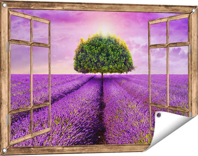 Gards Tuinposter Doorkijk Groene Boom in de Lavendel Bloemen - 90x60 cm - Tuindoek - Tuindecoratie - Wanddecoratie buiten - Tuinschilderij